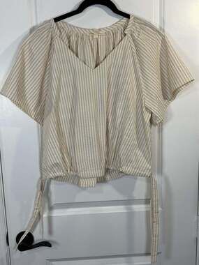 Grade & Gather Pinstripe V-Neck Flutter Sleeve Top with Hem Ties
